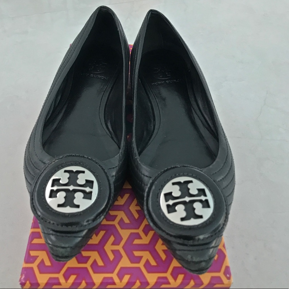 Tory Burch “Laurel” Pointed Black Leather Flats